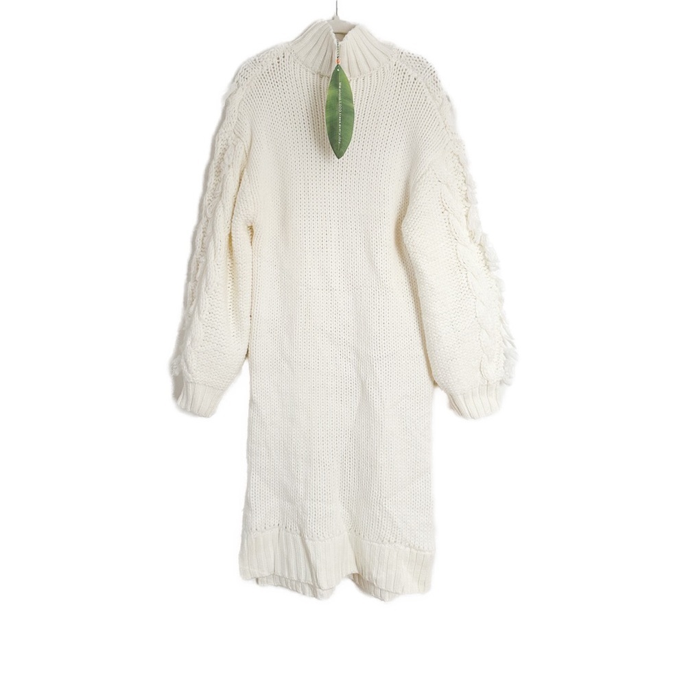 Farm Rio Fringed Cable Knit Midi Sweater Dress Off White Size Medium NWT - Picture 7 of 7